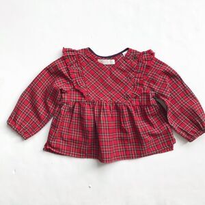 Zara red tarragon plaid ruffle blouse EUC 3/4T